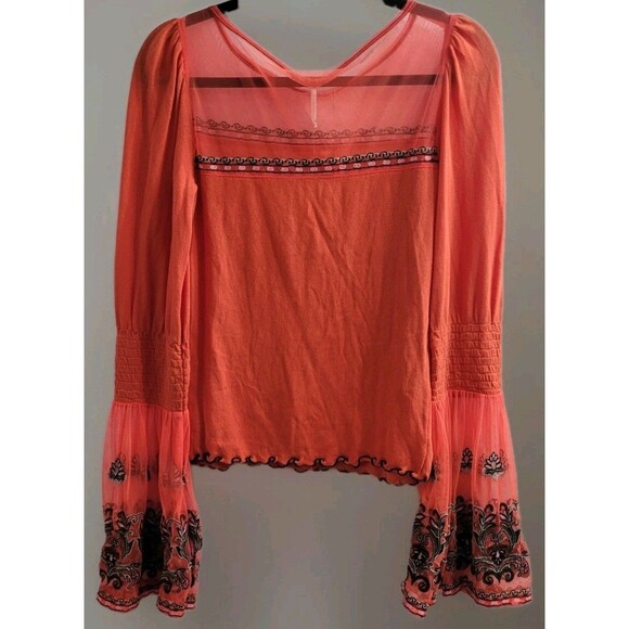 Free People High Tides Embroidered Mesh Bell Sleeve Top Coral Boho Sheer Size S - Picture 13 of 13